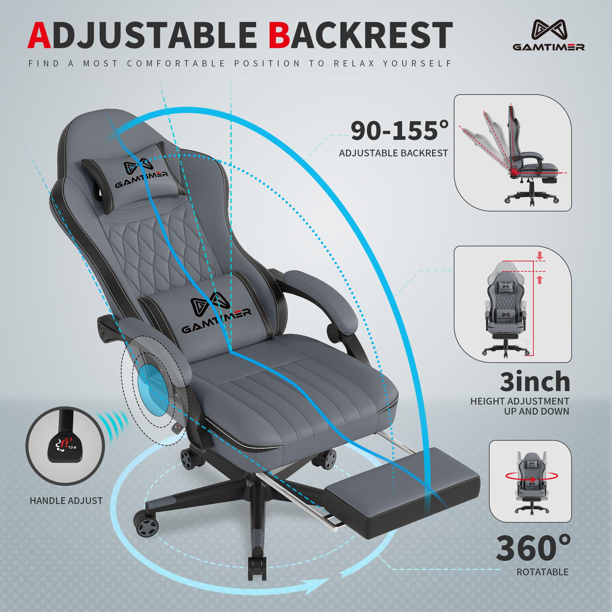 Gamtimer Gaming Chair with Footrest, Ergonomic Computer Chair, PU Breathable Material with Headrest and Lumbar Support, Suitable for Silla Gamer and Adults（Grey） - Flex Gamingproduct_type