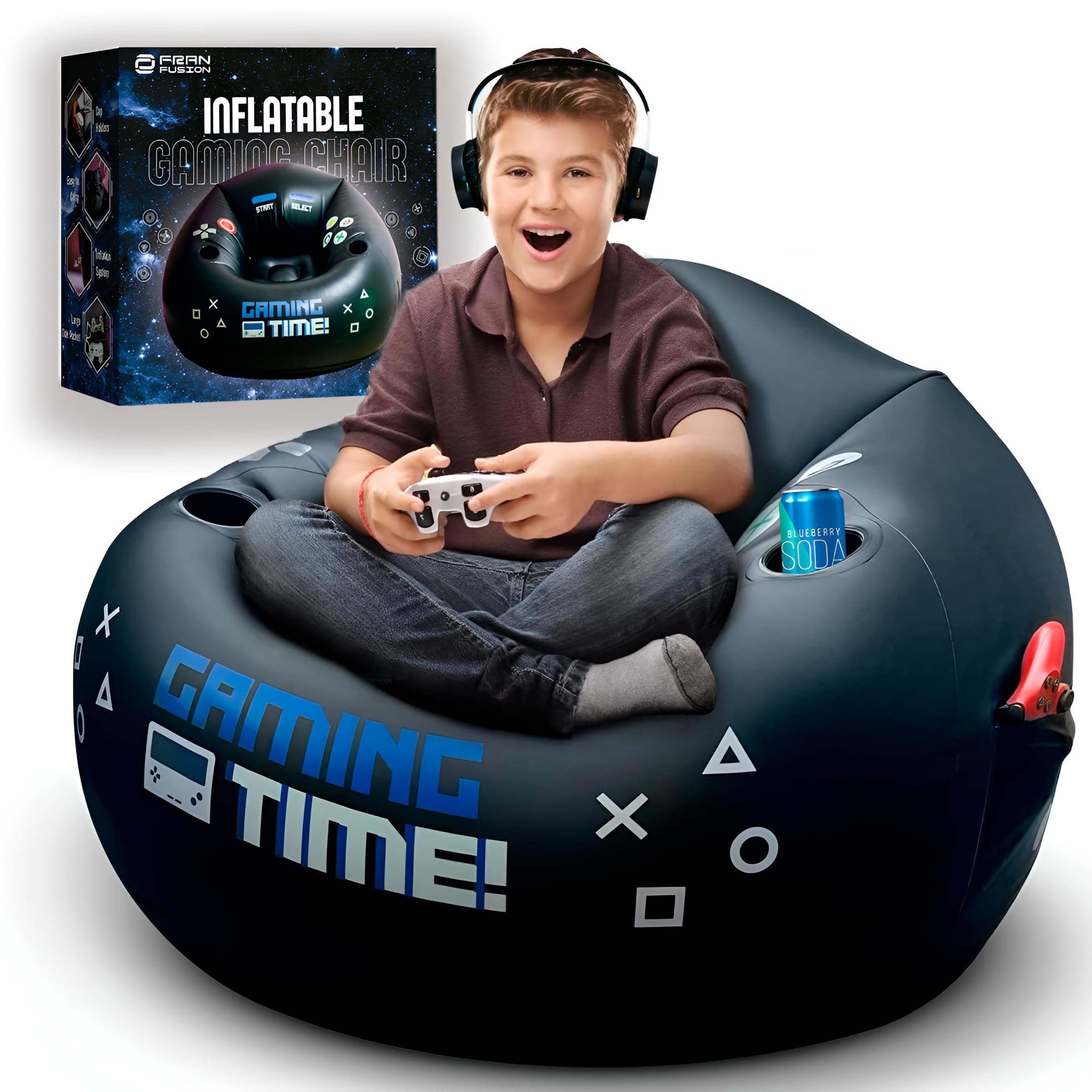 Inflatable Gaming Chair for Kids & Teens with Cup Holders and Side Pocket - This Air Gaming Bean Bag Chairs for kids is The Perfect Furniture for Gamer Room Decor - Perfect Gaming Stuff for boys 4-12 - Flex Gamingproduct_type