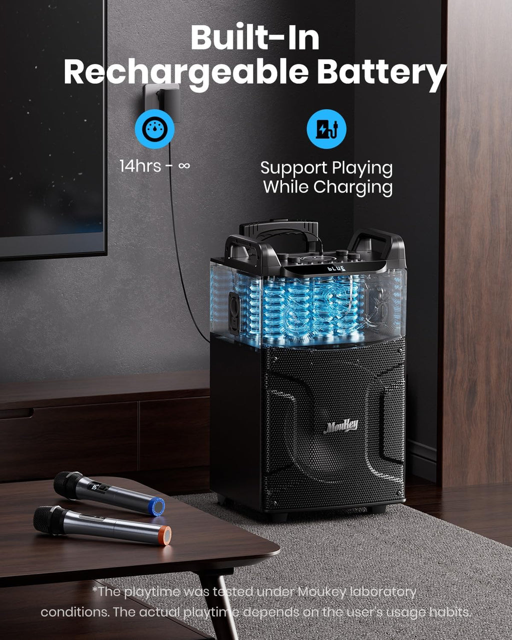 Moukey Karaoke Machine, 12" Woofer PA System, Portable Bluetooth Speaker with 2 Wireless Microphones, Party Lights and Echo/Treble/Bass Adjustment, Supports TWS/REC/AUX IN/MP3/USB/TF/FM - MTs12-1