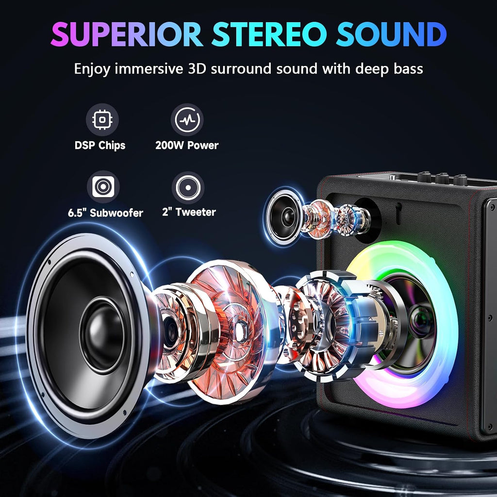 Karaoke Machine for Adults with 2 Wireless Microphones, 200W PA System | Pitch Correction, Bluetooth 5.3, Retro Leather Design, 24H Playtime, TV Connection, TWS Stereo and Live Performance Support