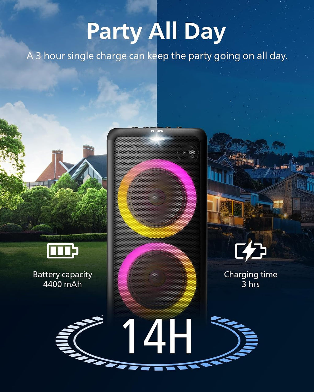 Philips X5206 Bluetooth Party Speaker - 14 Hours Play Time, Deep Bass, Party Lights, Karaoke Effects, Mic & Guitar Input, 80W Max Power, Black
