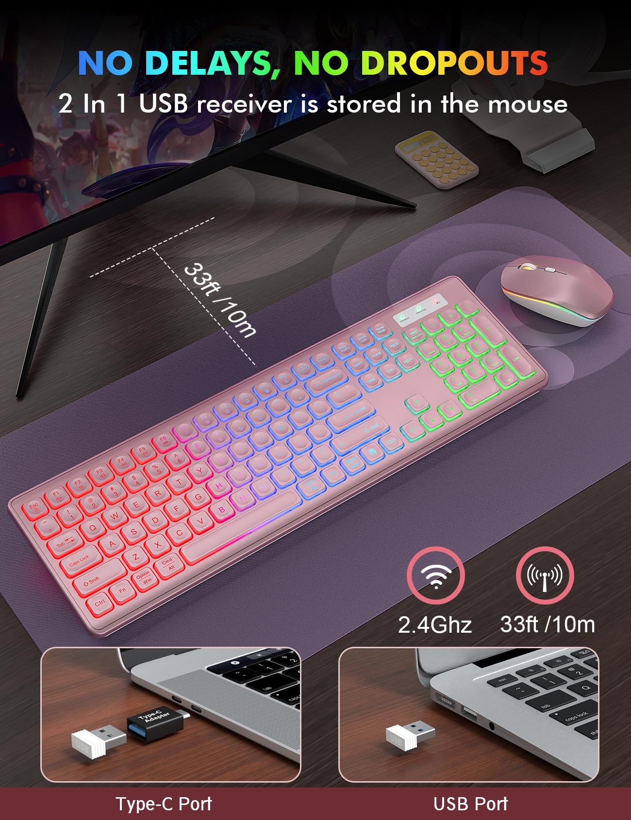 Wireless Keyboard and Mouse Combo, RGB Backlit, Rechargeable & Light Up Letters, Full-Size, Soft Typing, Sleep Mode, 2.4GHz Quiet Keyboard Set for Mac, Windows, Laptop, PC, Trueque KM42Pro (Black) - Flex Gamingproduct_type