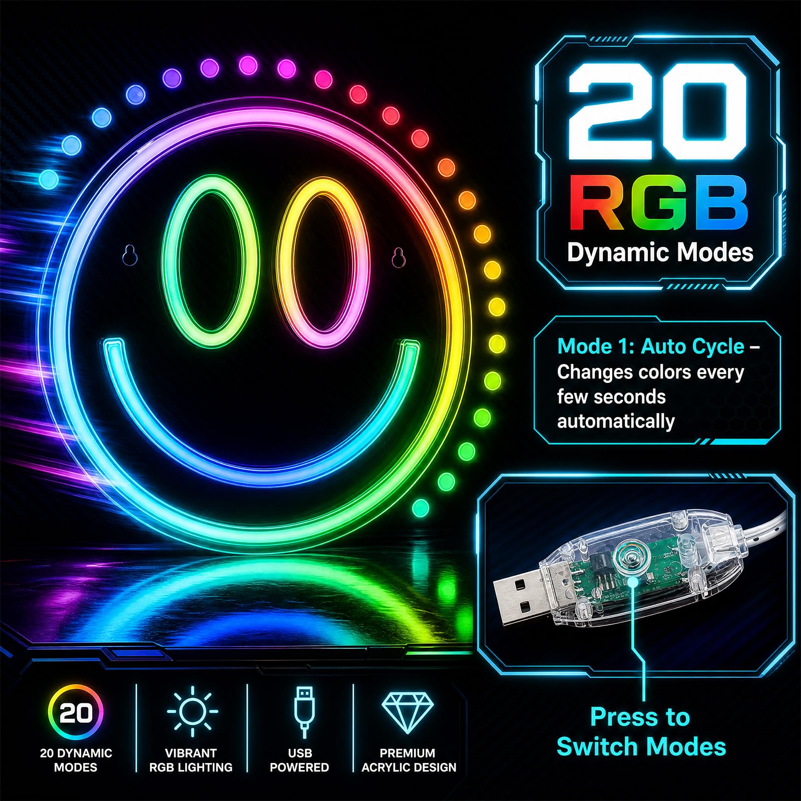 RGB Smiley Neon Sign, USB Powered 20+ Dynamic Modes Color Changing LED Neon Light for Wall Decor, Perfect for Bedroom Gaming Room Party Birthday Celebration Present for Teens Girls - Flex Gamingproduct_type