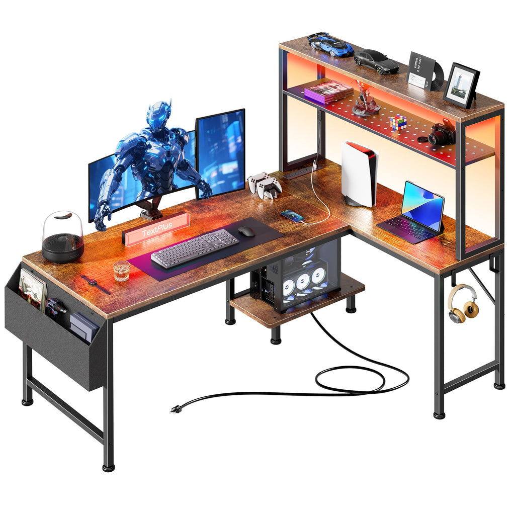 PRAISUN L Shaped Gaming Desk with LED Lights & Power Outlets, Reversible Computer Desk with Storage Shelves & Bag, Large Corner Home Office Desk with Pegboard for Work from Home, Black - Flex Gamingproduct_type