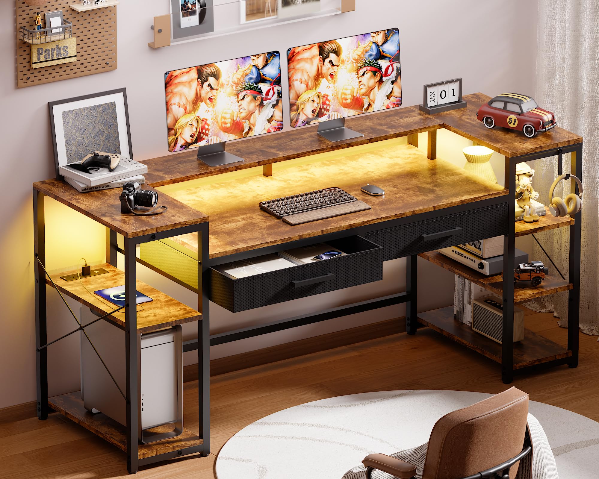 Pamray 58 Inch Computer Desk with Monitor Stand and Shelves Gaming Desk with LED Lights & Power Outlets PC Vanity Table with 2 Drawers for Home Office Black - Flex Gamingproduct_type