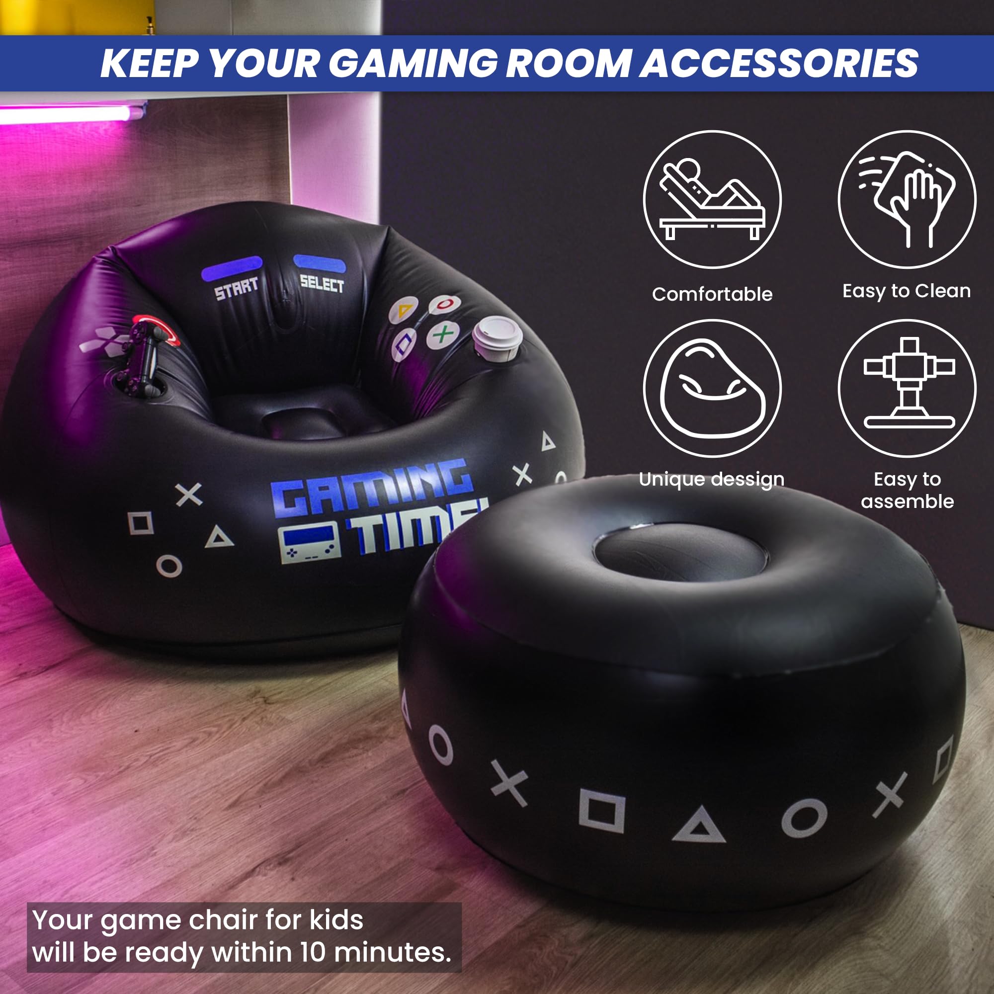Inflatable Gaming Chair for Kids & Teens with Cup Holders and Side Pocket - This Air Gaming Bean Bag Chairs for kids is The Perfect Furniture for Gamer Room Decor - Perfect Gaming Stuff for boys 4-12 - Flex Gamingproduct_type