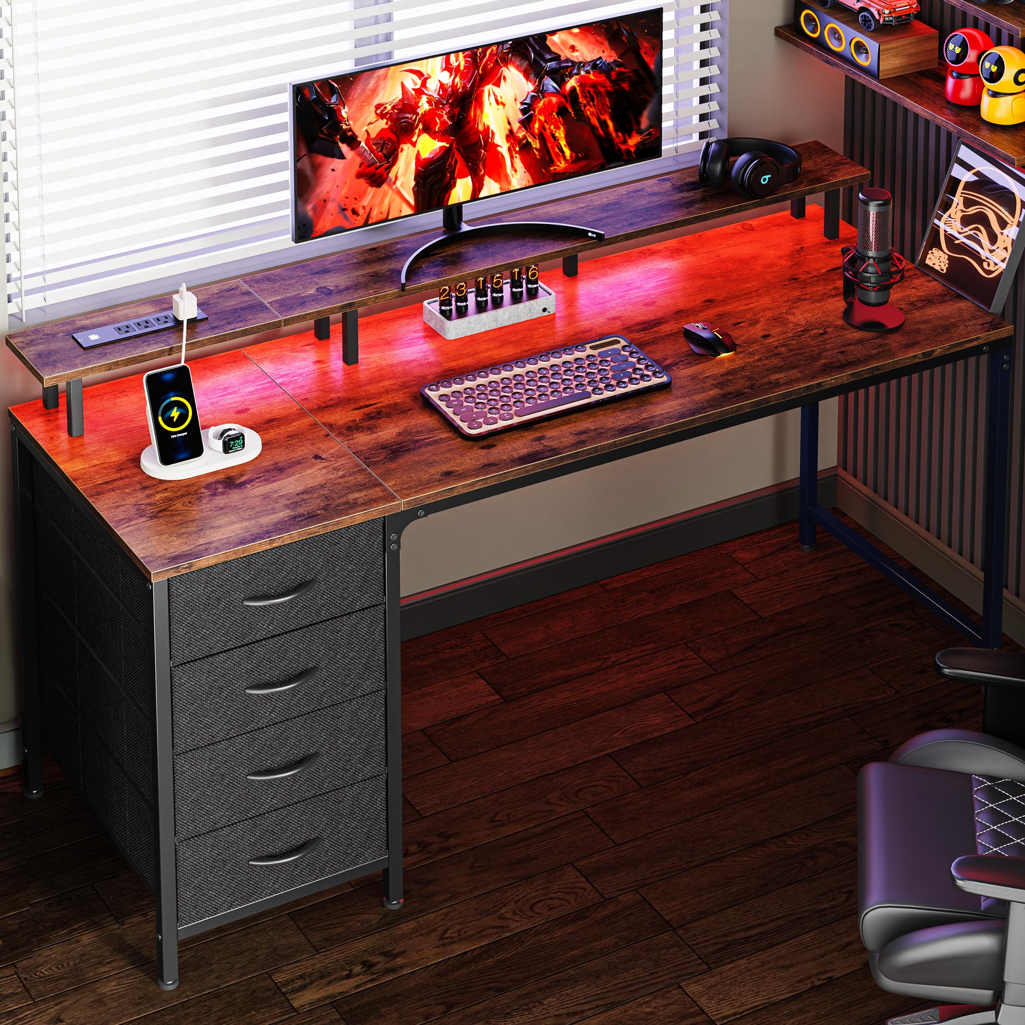 Huuger 47 Inch Computer Desk with Power Outlets and LED Lights, Gaming Desk with 4 Drawers, Office Desk with Monitor Stand, Study Work Home Office, Small Spaces, Black - Flex Gamingproduct_type