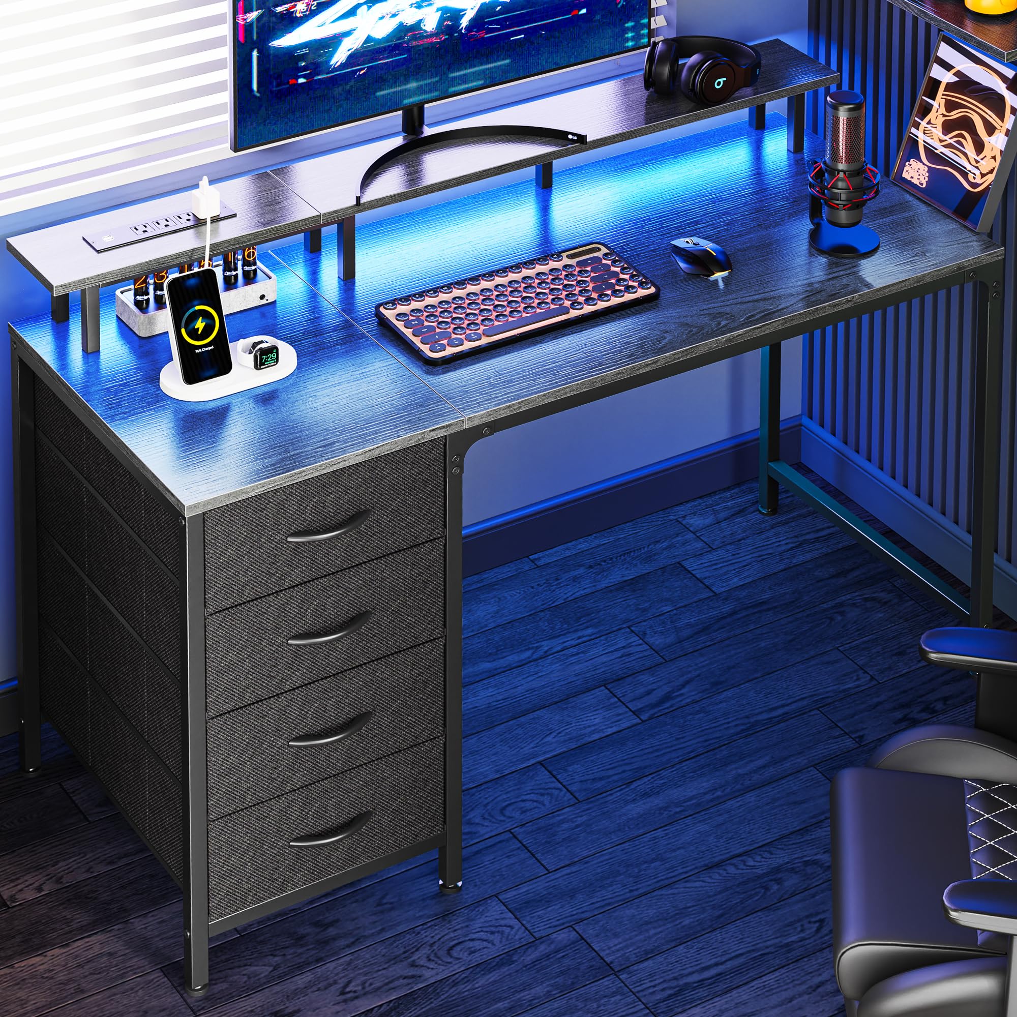 Huuger 47 Inch Computer Desk with Power Outlets and LED Lights, Gaming Desk with 4 Drawers, Office Desk with Monitor Stand, Study Work Home Office, Small Spaces, Black - Flex Gamingproduct_type