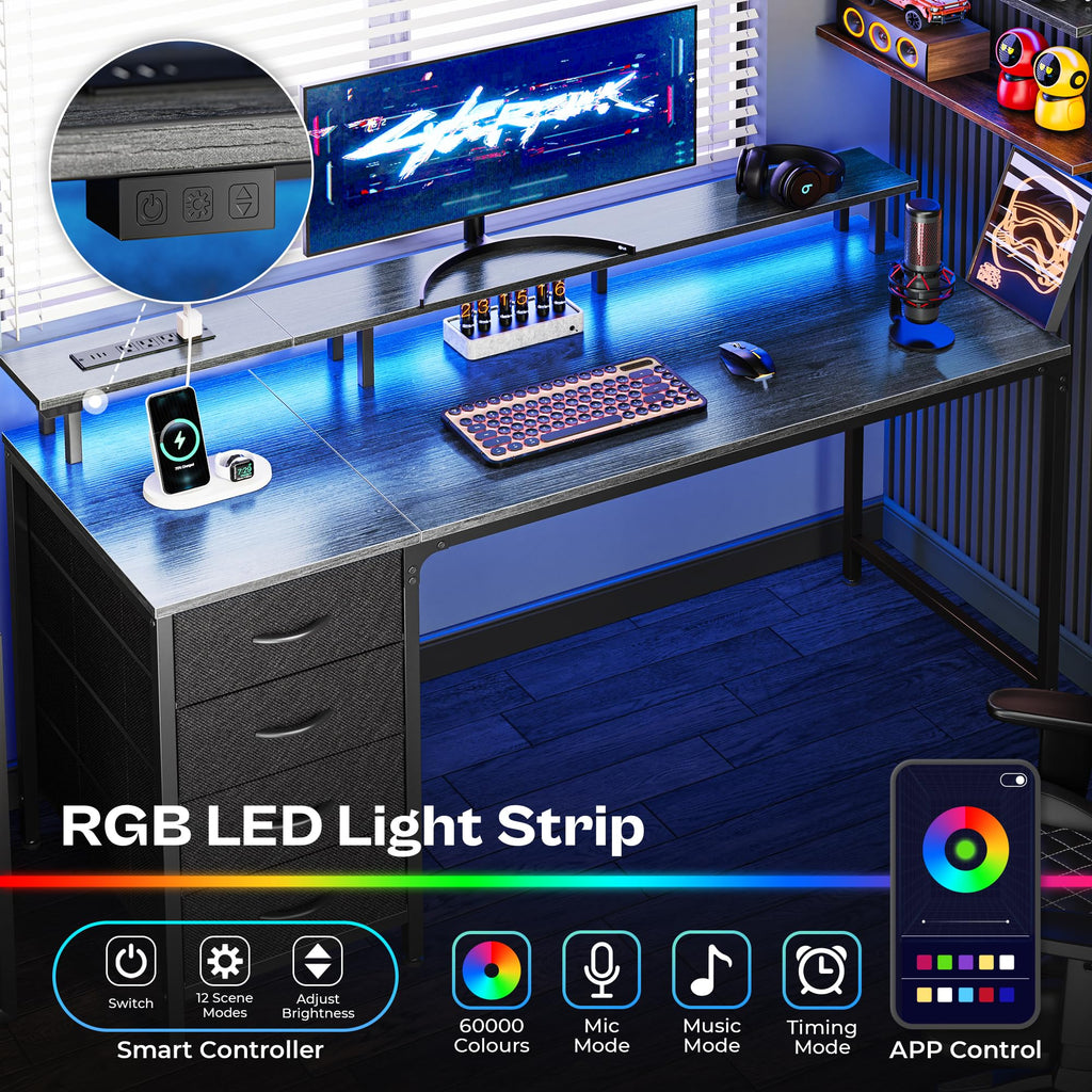 Huuger 47 Inch Computer Desk with Power Outlets and LED Lights, Gaming Desk with 4 Drawers, Office Desk with Monitor Stand, Study Work Home Office, Small Spaces, Black - Flex Gamingproduct_type