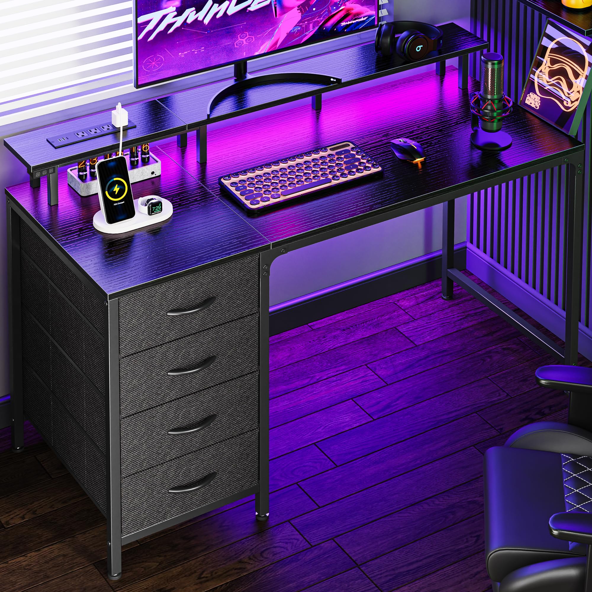 Huuger 47 Inch Computer Desk with Power Outlets and LED Lights, Gaming Desk with 4 Drawers, Office Desk with Monitor Stand, Study Work Home Office, Small Spaces, Black - Flex Gamingproduct_type