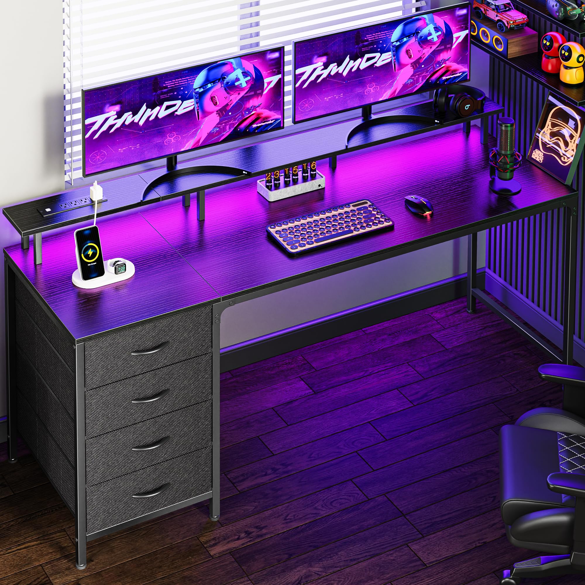 Huuger 47 Inch Computer Desk with Power Outlets and LED Lights, Gaming Desk with 4 Drawers, Office Desk with Monitor Stand, Study Work Home Office, Small Spaces, Black - Flex Gamingproduct_type