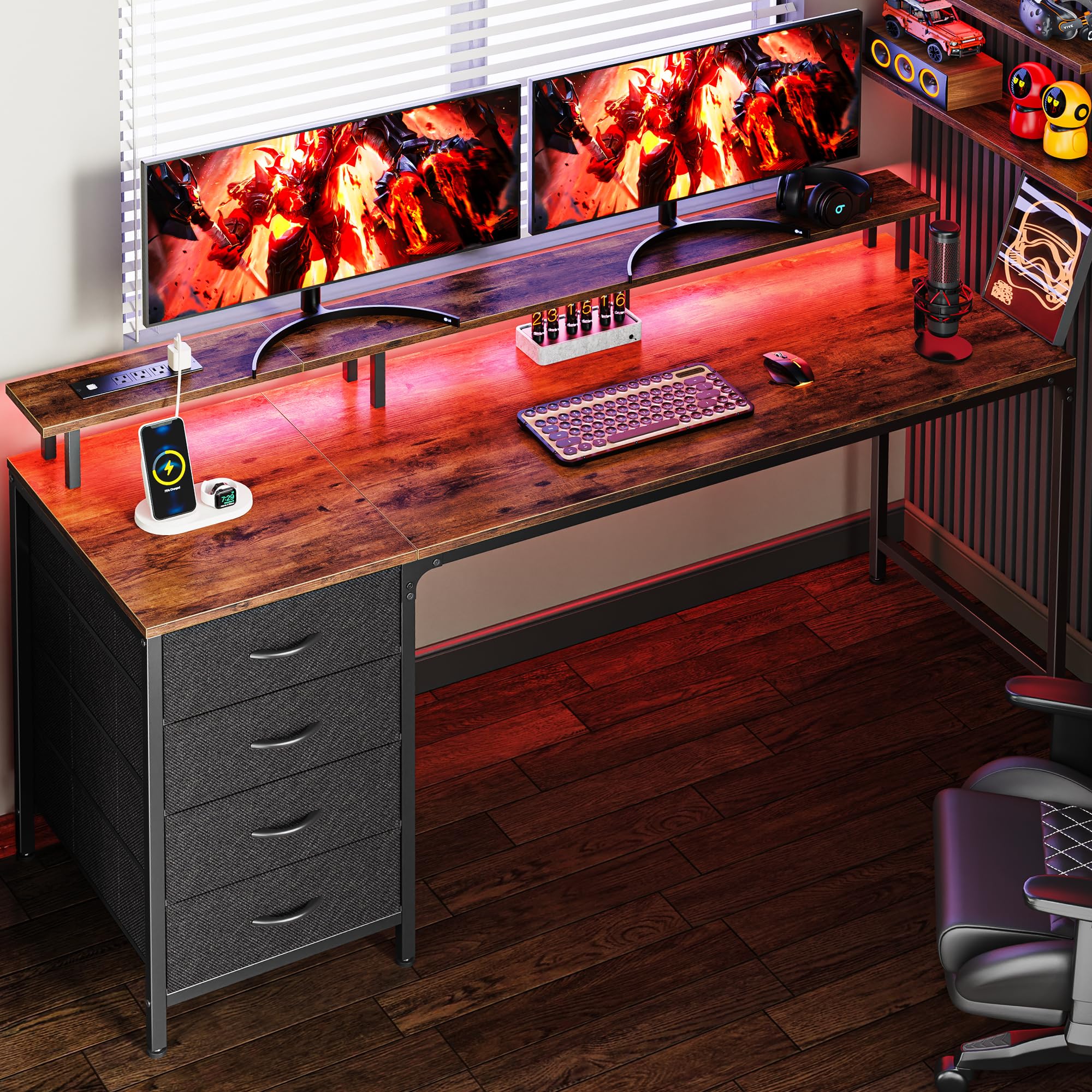 Huuger 47 Inch Computer Desk with Power Outlets and LED Lights, Gaming Desk with 4 Drawers, Office Desk with Monitor Stand, Study Work Home Office, Small Spaces, Black - Flex Gamingproduct_type