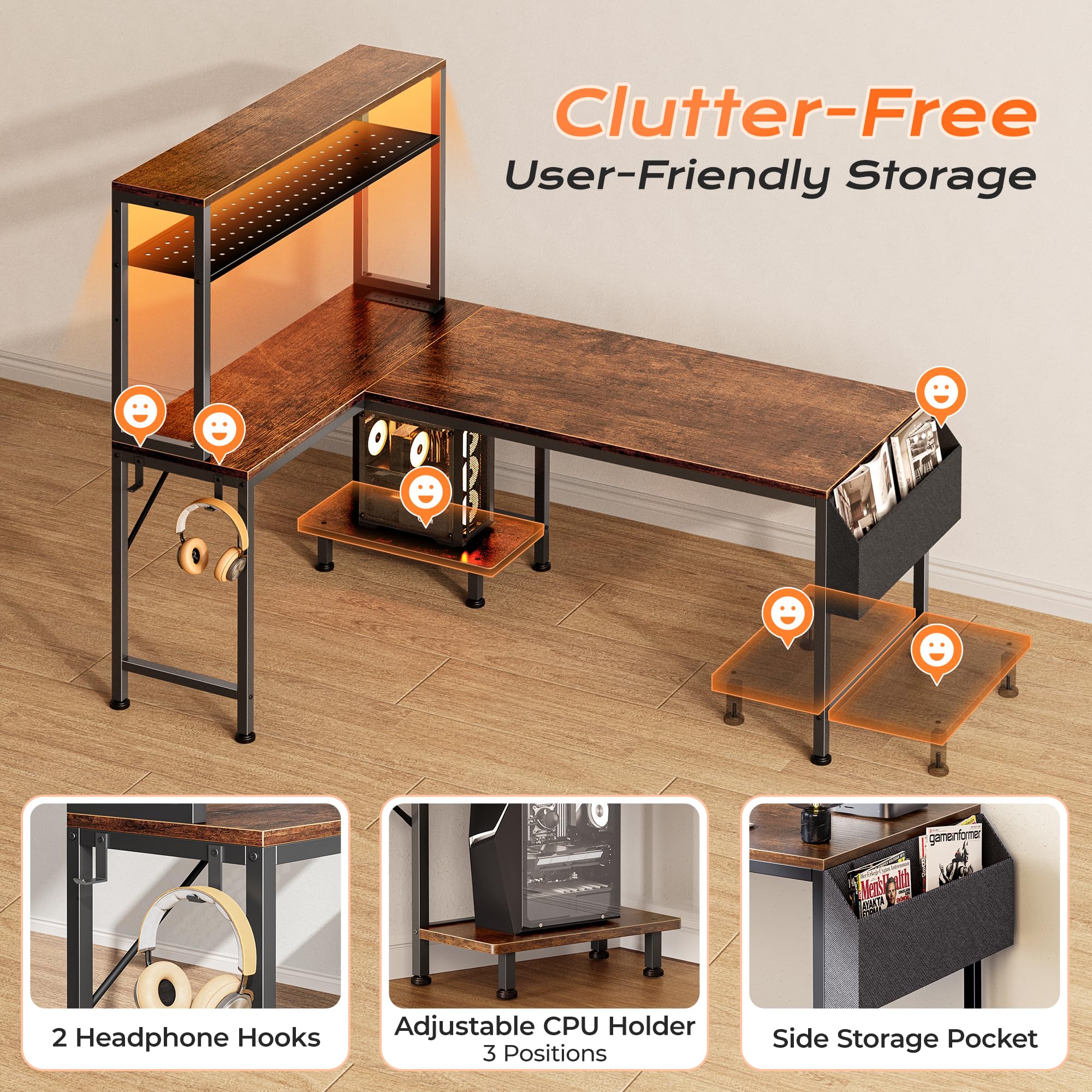 PRAISUN L Shaped Gaming Desk with LED Lights & Power Outlets, Reversible Computer Desk with Storage Shelves & Bag, Large Corner Home Office Desk with Pegboard for Work from Home, Black - Flex Gamingproduct_type