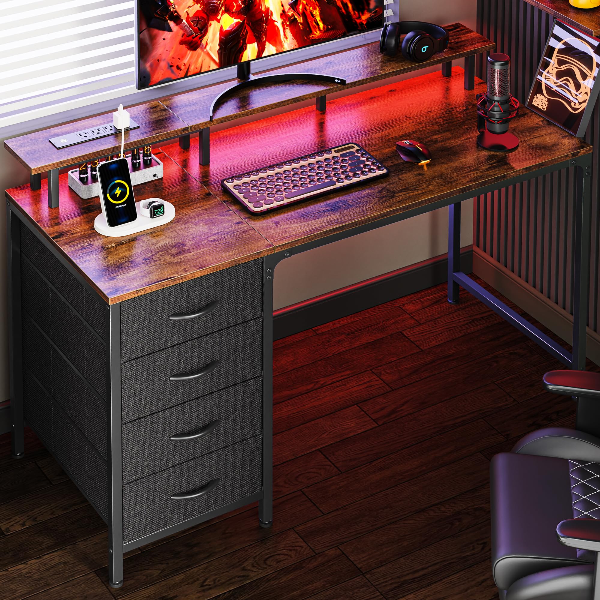 Huuger 47 Inch Computer Desk with Power Outlets and LED Lights, Gaming Desk with 4 Drawers, Office Desk with Monitor Stand, Study Work Home Office, Small Spaces, Black - Flex Gamingproduct_type