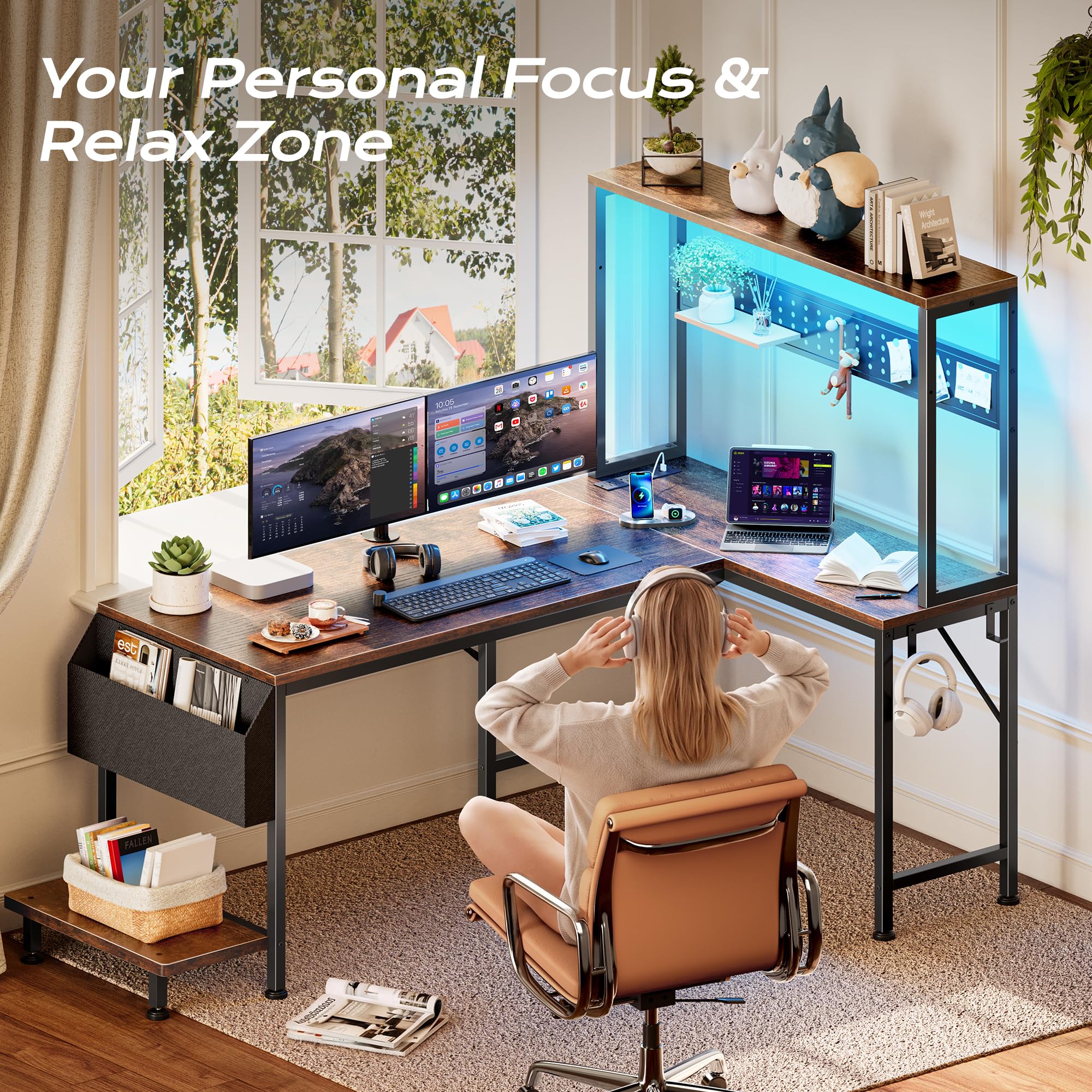 PRAISUN L Shaped Gaming Desk with LED Lights & Power Outlets, Reversible Computer Desk with Storage Shelves & Bag, Large Corner Home Office Desk with Pegboard for Work from Home, Black - Flex Gamingproduct_type