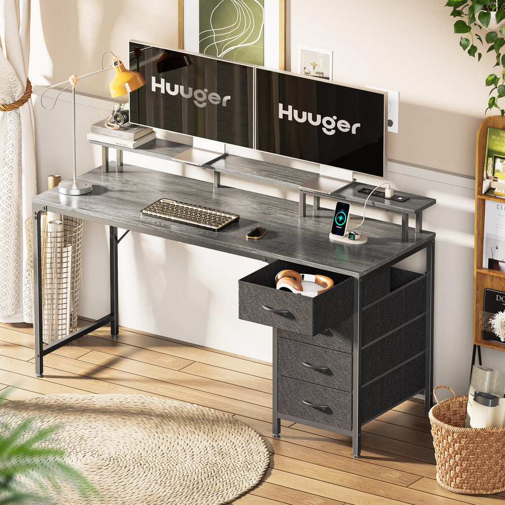 Huuger 47 Inch Computer Desk with Power Outlets and LED Lights, Gaming Desk with 4 Drawers, Office Desk with Monitor Stand, Study Work Home Office, Small Spaces, Black - Flex Gamingproduct_type