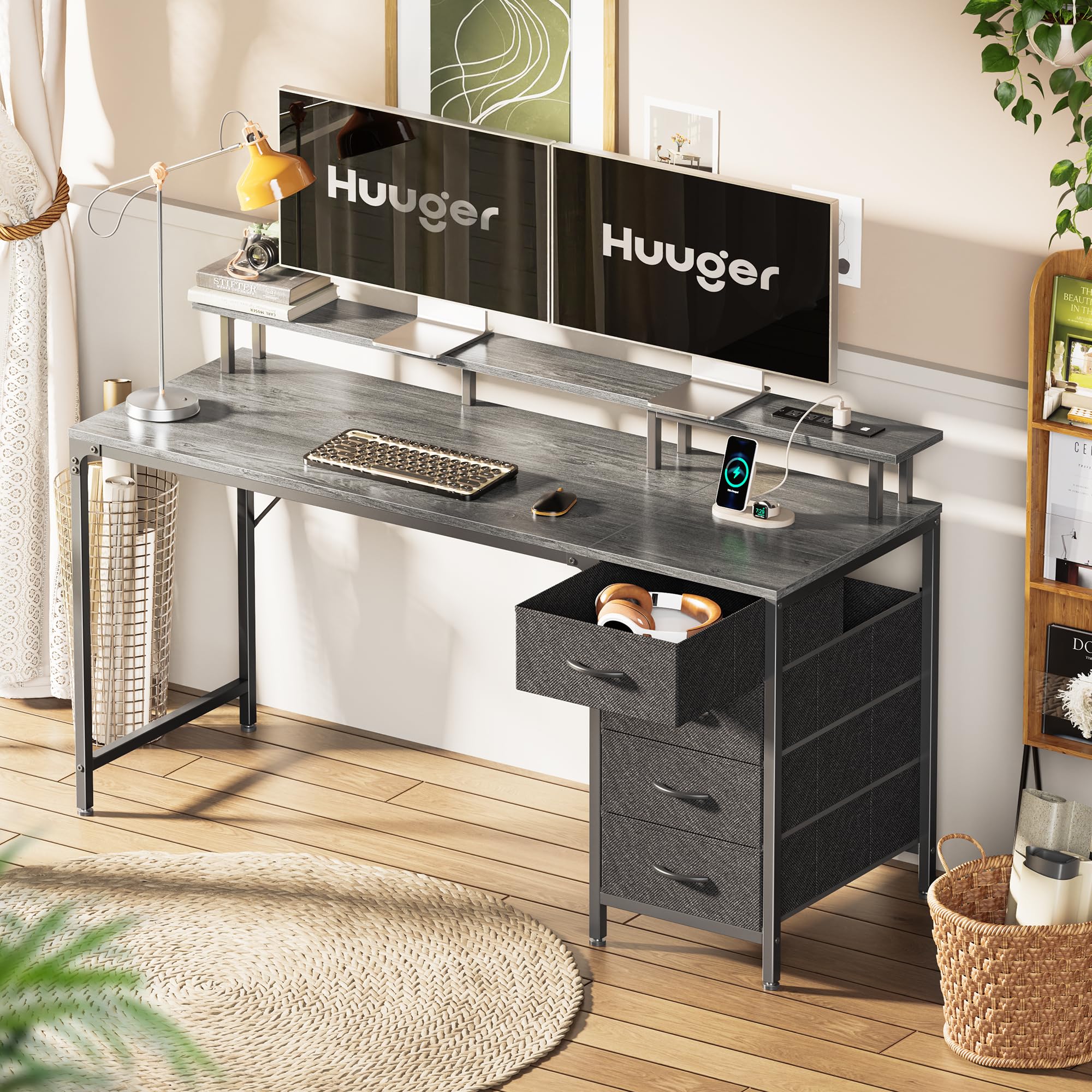 Huuger 47 Inch Computer Desk with Power Outlets and LED Lights, Gaming Desk with 4 Drawers, Office Desk with Monitor Stand, Study Work Home Office, Small Spaces, Black - Flex Gamingproduct_type