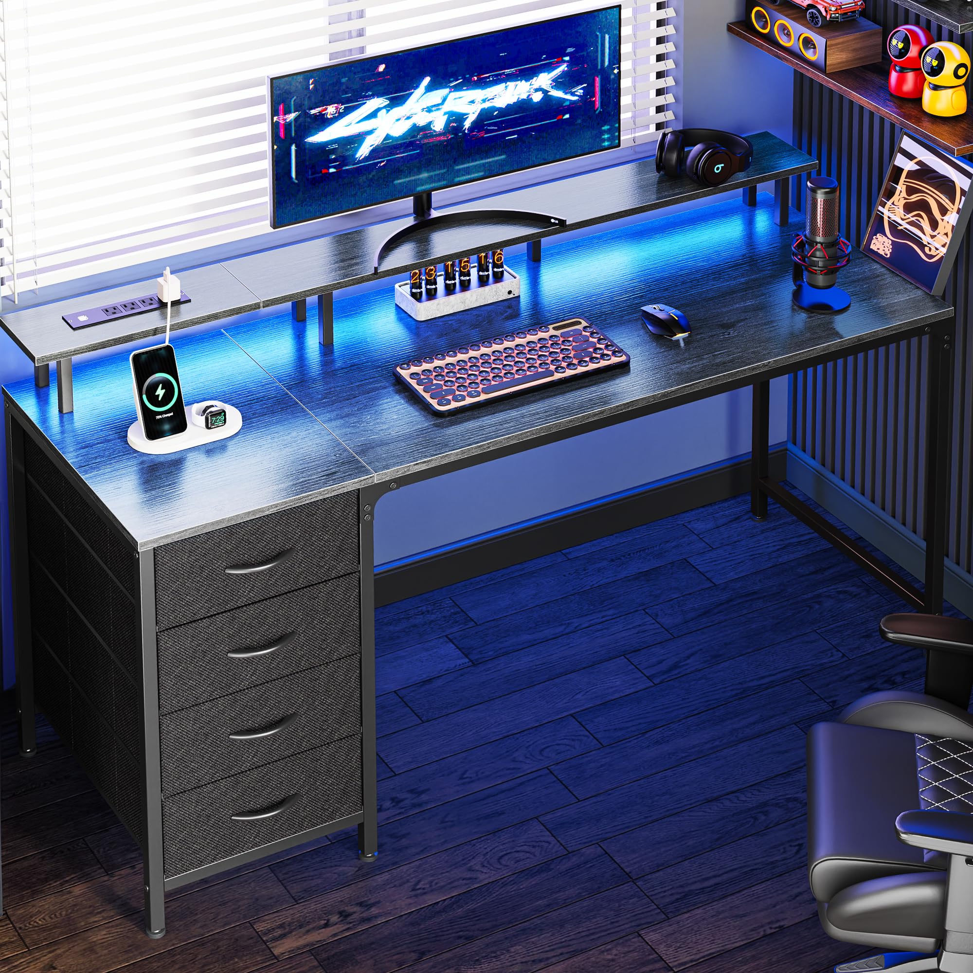 Huuger 47 Inch Computer Desk with Power Outlets and LED Lights, Gaming Desk with 4 Drawers, Office Desk with Monitor Stand, Study Work Home Office, Small Spaces, Black - Flex Gamingproduct_type