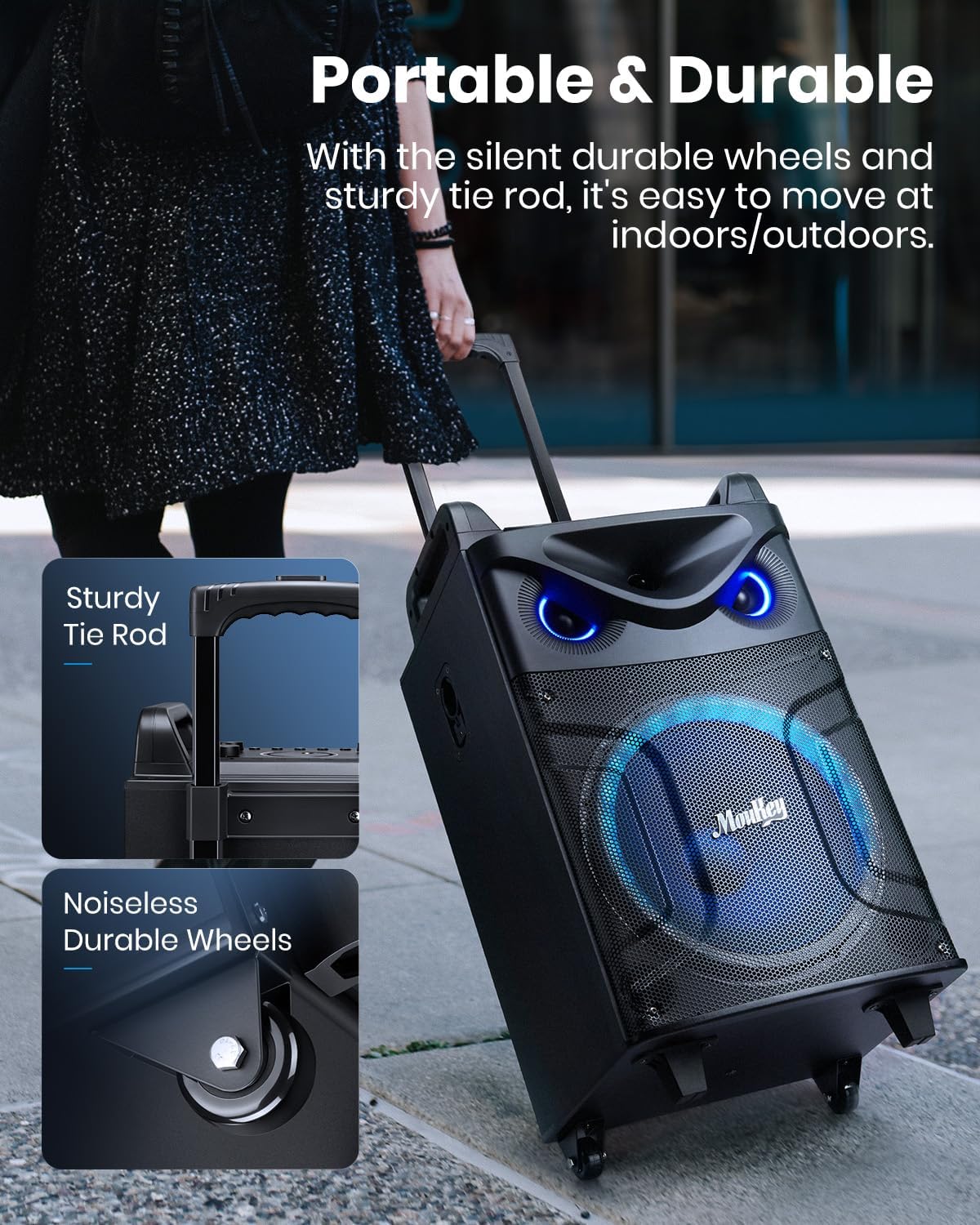 Moukey Karaoke Machine, 12" Woofer PA System, Portable Bluetooth Speaker with 2 Wireless Microphones, Party Lights and Echo/Treble/Bass Adjustment, Supports TWS/REC/AUX IN/MP3/USB/TF/FM - MTs12-1 - Flex Gamingproduct_type