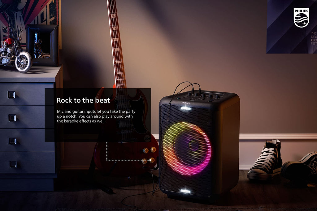 Philips X5206 Bluetooth Party Speaker - 14 Hours Play Time, Deep Bass, Party Lights, Karaoke Effects, Mic & Guitar Input, 80W Max Power, Black - Flex Gamingproduct_type