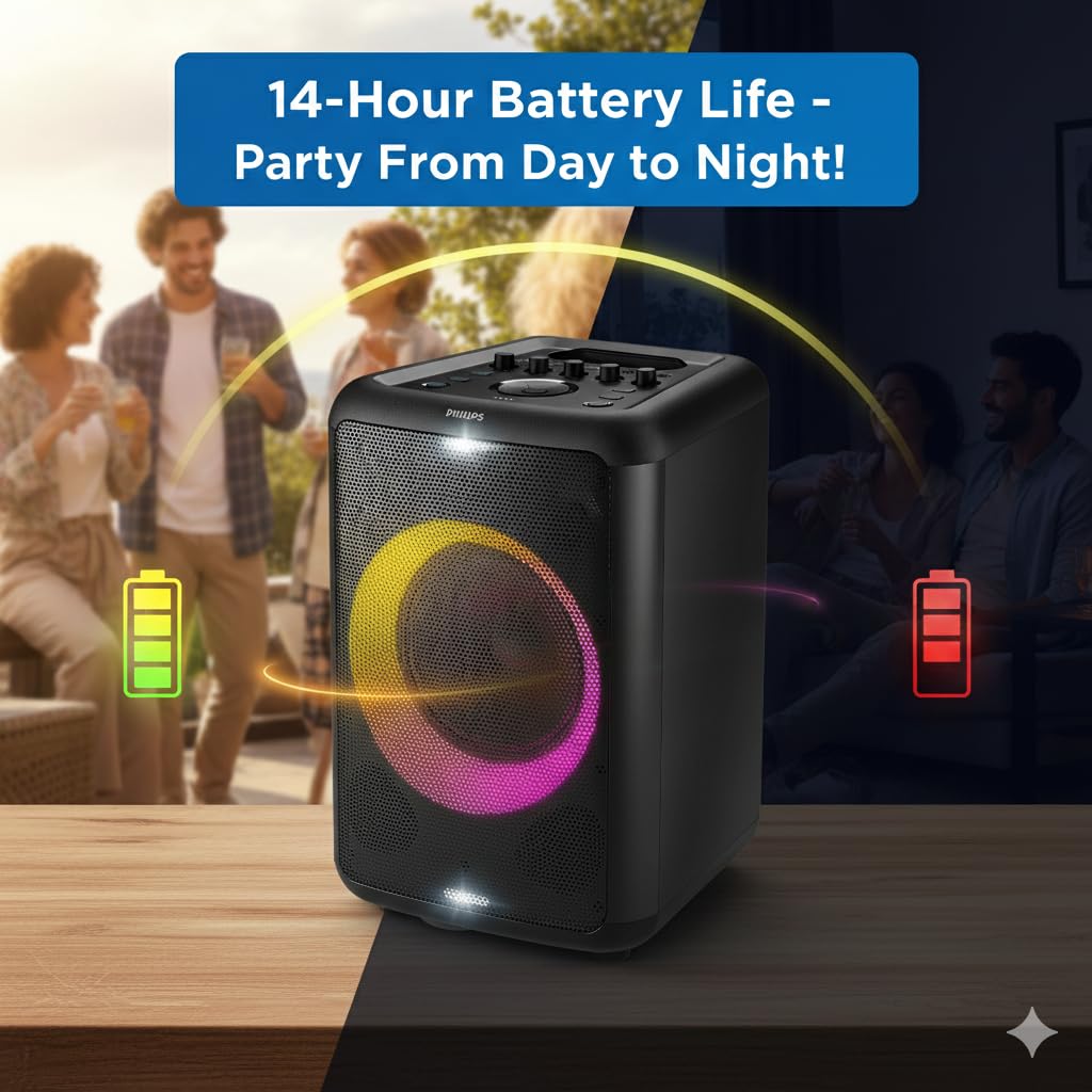 Philips X5206 Bluetooth Party Speaker - 14 Hours Play Time, Deep Bass, Party Lights, Karaoke Effects, Mic & Guitar Input, 80W Max Power, Black - Flex Gamingproduct_type